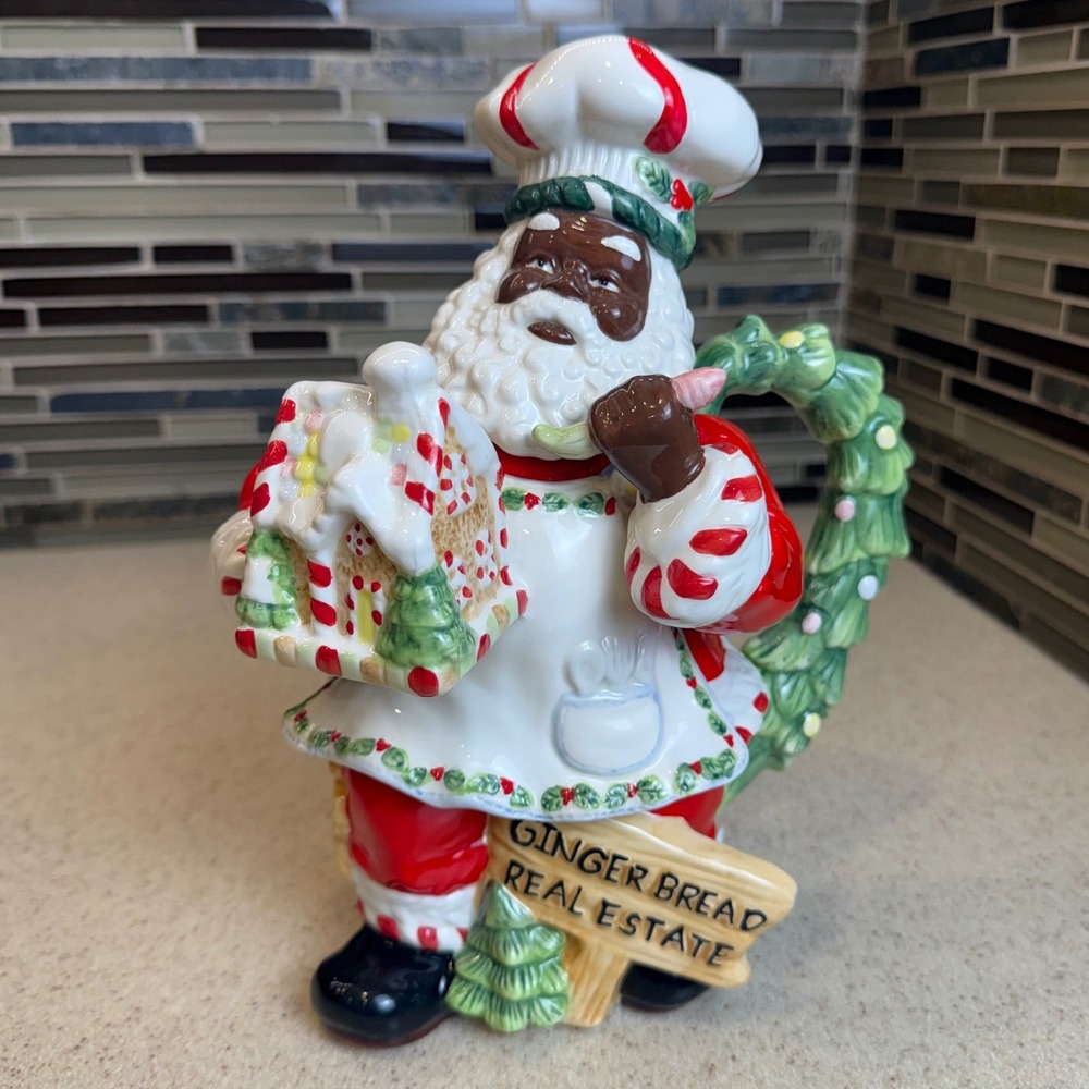 Black Chef Santa Ceramic Teapot 30oz Gingerbread Real Estate Christmas Novelty